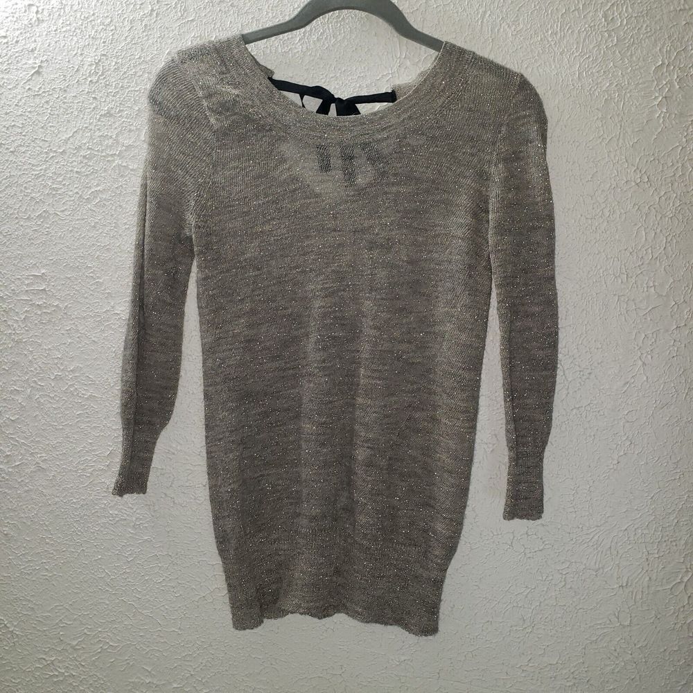 J. Crew Beige Sweater Metallic Alpaca Blend Sz XS Pullover Shirt Silk Ribbon Tie